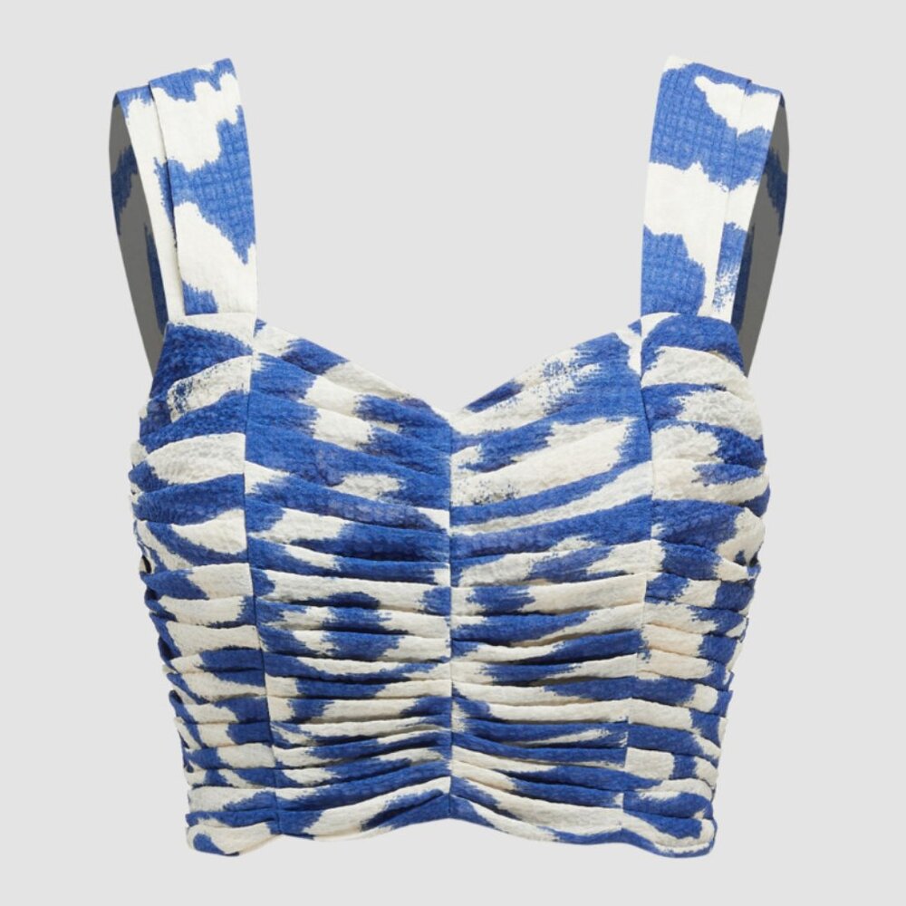 Cider V-Neck Abstract Ruched Crop Tank Top, Blue, Size Small, NWT